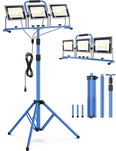 PAULINN 21000 Lumen Work Lights with Stand, 3 Adjustable Head LED Work Light with Foldable Stand and 16FT Cord, IP66 Waterproof Led Construction Light