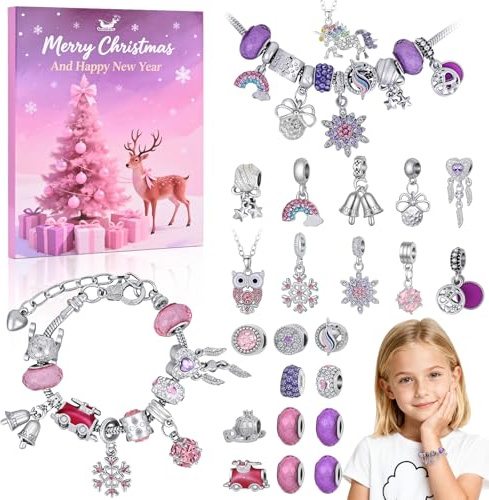 Calendrier de l'avent 2025 Enfant Fille, Calendrier de l'avent Bijoux Fille 6 7 8 9 10 11 12 13 Ans, 24 Jours DIY Calendrier de Noël Bracelet Collier Fabrication Bijoux de Noël (rose violet)