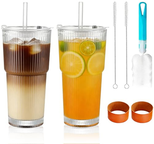 Forbabe Förpackning med 2 st 600 ml dricksglas med lock och sugrör, stora ribbade glaskoppar, återanvändbara iskaffeglas, genomskinliga latte macchiato-glas för varma/kalla drycker för vardagligt