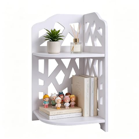 HornTide 2-Tier Corner Shelf, Brief Fashion Organizer Storage Rack, for Cosmetic Doll Potted-Plant Vitamins Supplements Caddy, DIY Desk/Table Decoration, Wood-Plastic Composites, White