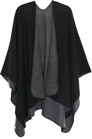 DiaryLook Ladies Printed Poncho Cape Reversible Oversized Shawl Wrap Open Front Cardigans for Women Black