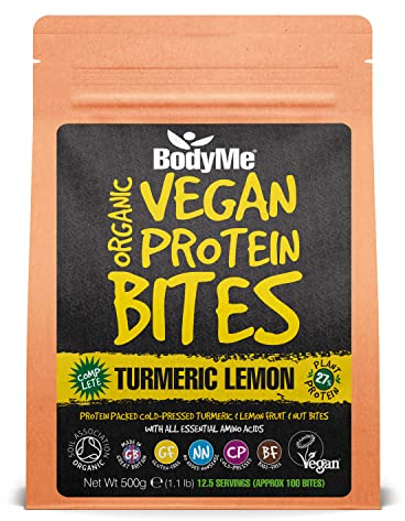 BODYME Organic Vegan Protein Bites – Raw Turmeric and Lemon - 100% Plant-Based, No Added Sugar – Gluten-Free, Dairy-Free-On-The-Go High Protein Snack- 10g Protein Per Serving (500g - 12.5 Servings)