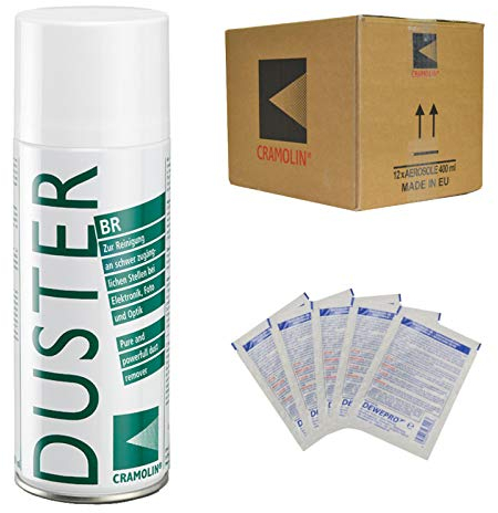 DUSTER BR - VPE: 12 x 400ml Spraydose - Druckluftspray - zur Staubentfernung an schwer zugänglichen Stellen - ITW Cramolin - 1471611 - inkl. 5 St. DEWEPRO® SingleScrubs