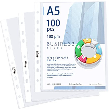 100 fundas de plástico transparente DIN A5, extrafuertes, 160 µ, para proteger papel, archivos y documentos