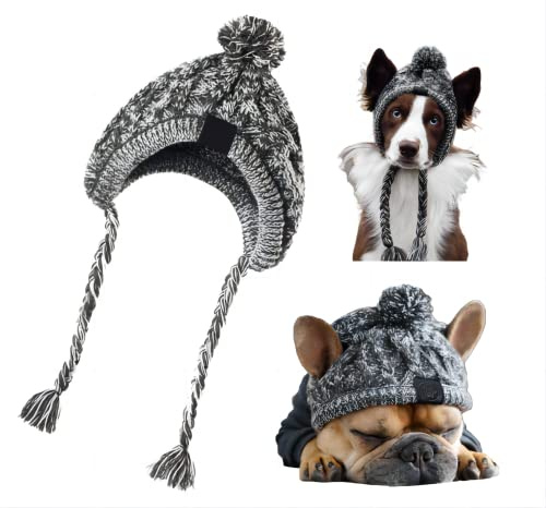 FainFun Chapeau coupe-vent pour chien en maille grise, coiffe avec longue tresse pour animaux domestiques, bonnet d'hiver travaillé (S)