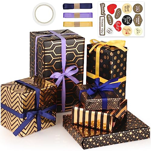 Bigqin Papel de Regalo 6 Hojas 50 x 70 cm Negro y Dorado, 6 Pliegos, 3 Cintas de 2m, 1 Pegatina, Cumpleaños