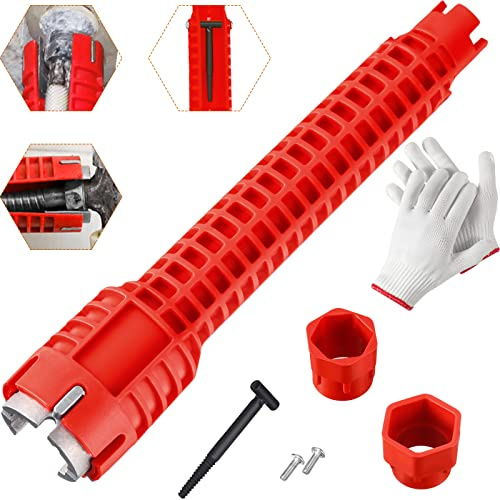 Eowppue 8-in-1 rubinetto e lavello installatore strumenti lavello chiave multifunzionale strumento idraulico chiave lavello idraulico tubo estrattore WC bagno cucina (rosso)