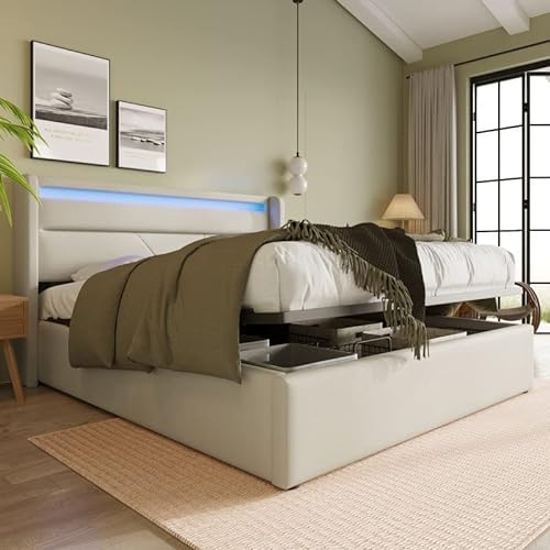 Merax Polsterbett 160 x 200cm mit LED-Beleuchtung, Hydraulisches Funktionsbett mit Stauraum, Doppelbett Bettgestell mit Lattenrost & Bettkasten & Kopfteil, PU-Oberfläche, ohne Matratze, Weiß