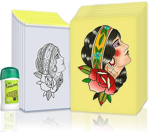 Tattoo Übungshaut mit Transfer Papier und Transfer Stick, ZHOOGE 10pcs Blank Tattoo Silikon Fake Haut 20 Blätter A4 Größe 4-lagig Tattoo Transfer Papier 1pcs Transfer Creme Gel