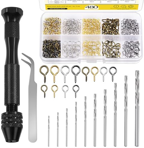 Mardatt 492Pcs Hand Drill Bits Set, Pin Vise Hand Drill with 10pcs 0.8-3mm Micro Twist Drill Bits, 480pcs 4x8/5x10/6x13mm Eye Screws and Tweezers, Pin Vise Woodworking Hand Drill Kit for DIY Craft