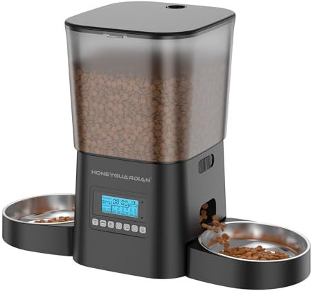 HoneyGuardian Automatic Cat Feeder for Two, Programmable Cat Feeder with Stainless Steel Bowl, 3.5L, Dual Power Supply, 1-6 Meals per Day