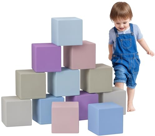 HOMCOM 12 TLG. Schaumstoff Bausteine Kinder Softbausteine Riesenbausteine Bauspielzeug für 1-3 Jahre alt Kinder Bausteinset Hellgrau+Rosa