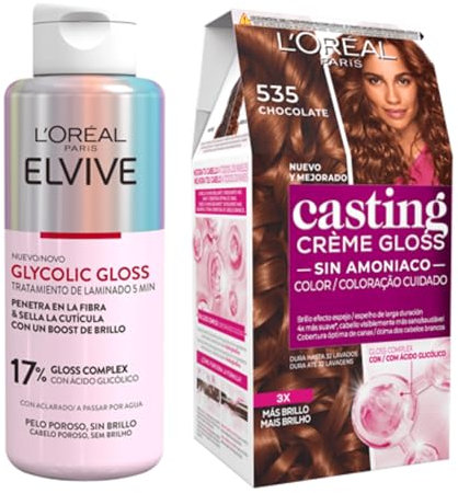 Pack L'Oréal Paris Elvive Tratamiento 5 Min. Glycolic Gloss Con Ácido Glicólico Cabello Suave Y Brillante + L'Oreal Paris Casting Crème Gloss Creme Tinte para Cabello, Chocolate