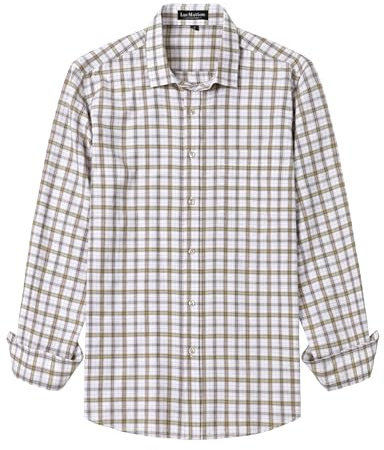 LucMatton Men's Lightweight Gingham Dress Shirt Casual Business Slim Fit Plaid Long-Sleeve Button Down Shirts Beige Large