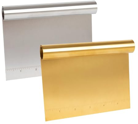 Pro bänkskrapa och hackare, 2-pack degskrapa i rostfritt stål med mätskala, mångsidig pizza/bakverk/bakverk/matskärare, köksbakning viktiga redskap (silver och guld)