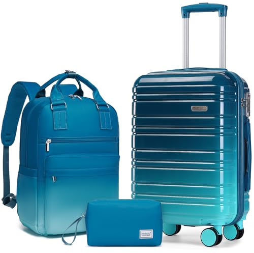 LARVENDER Carry on Luggage 22x14x9 Airline Approved Hardshell Suitcase with Wheels TSA Lock, PC+ABS Lightweight Suitcase Set for Women with Travel Backpack, Ocean Breeze, 3 Piece Set