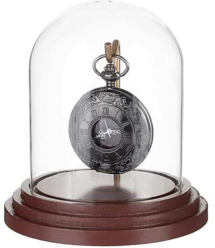 PH PandaHall Pocket Watch Display Case 10.7x11.5cm Dome Showcase Jar Glass Display Dome Cloche with Brown Wooden Base and Metal Hook Clear Terrarium for Pocket Watch Medals Collectibles Plants