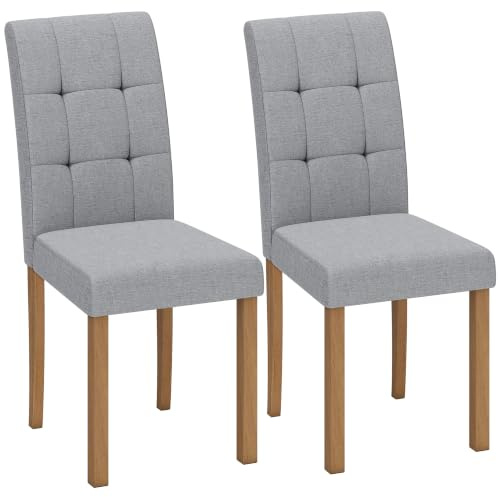 HOMCOM Lot de 2 chaises de Salle à Manger Moderne Gris Clair et Naturel | Chaise de Cuisine, Siège Rembourré Tissu Effet Lin, Pieds Bois d'hévéa, pour Salon