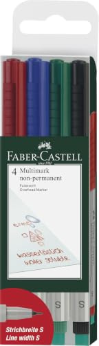 Faber-Castell 152404 – Märkpenna Multimark non-permanent, styrka S, 4 fodral, innehåll vardera 1 x röd, blå, grön, svart