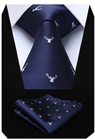HISDERN Cravate Homme Bleu Marine Mariage Cravates et Pochette à Motif Wapiti Originale Set Mouchoir Élégant pour Fête d'affaires