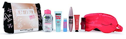 Maybelline Makeup Gift Set, Jet Setter: Primer, Mascara, Lipstick, Blusher & Micellar Water Christmas Gift Set Travel Kit For Her, 5021044129040