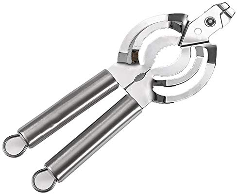 Apriscatole a Mano 4 in 1 Apribottiglie Multifunzione Ergonomico Manopola Acciaio Inossidabile Apriscatole Manuale, Sistema Manuale per Aprire in Sicurezza Barattoli di Latta (Argento)