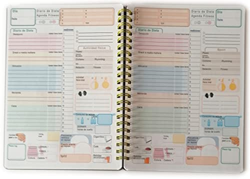 Agenda Diary Diet Fitness Planner, A5 storlek 14,5x20,5cm - 50 ark (100 dagar) unik layout, med metall spiral svart omslag - Spanska
