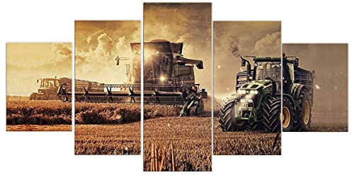 ZHONGYUTONG 5 Stück Bauernhof Traktor Leinwand Kunstdruck Herbst Landschaft Wandbild Residenz Gemälde Poster Moderne Heimdekoration (150x80cm, Kein Rahmen)