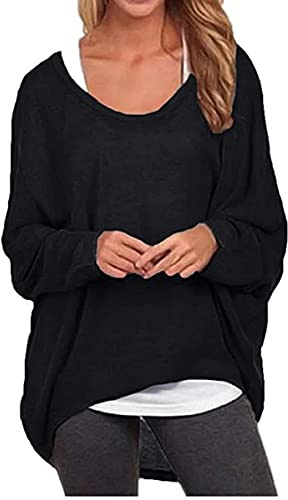 ZIOOER Femme Pull Casual Lâche Automne l'hiver Jumper Irrégulier Manches Chauve-Souris Longues Pull-Over Oversized Shirt G1 Noir 2XL
