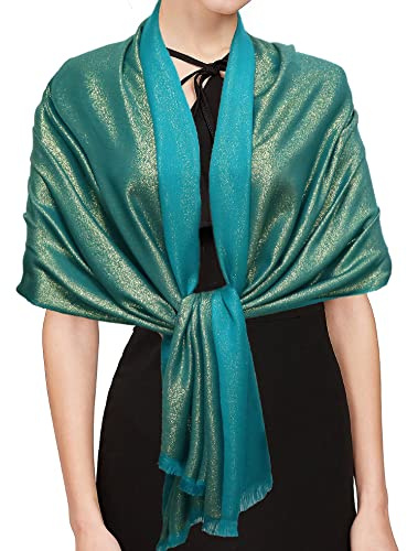 Gragengs Chales y envolturas de pashmina metálica brillante para mujer, bufanda larga para fiesta, color sólido, dos tonos, Turquesa/Dorado, 70.8 x 27.5 inch(180x70cm)