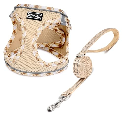 DORAMIO Hundegeschirr Kleine Hunde mit Leine, Step-in Geschirr Reflektierend Atmungsaktiv Brustgeschirr Anti Zug Sicherheitsgeschirr Katzengeschirr für Kleine Hunde, Katzen (Beige, XL)