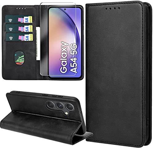 ZYIMOU Handyhülle für Samsung Galaxy A54 5G Hülle mit Schutzfolie, Leder Schutzhülle Standfunktion Kartenfach Wallet Klapphülle Samsung Galaxy A54 5G Flip Case Cover, Schwarz