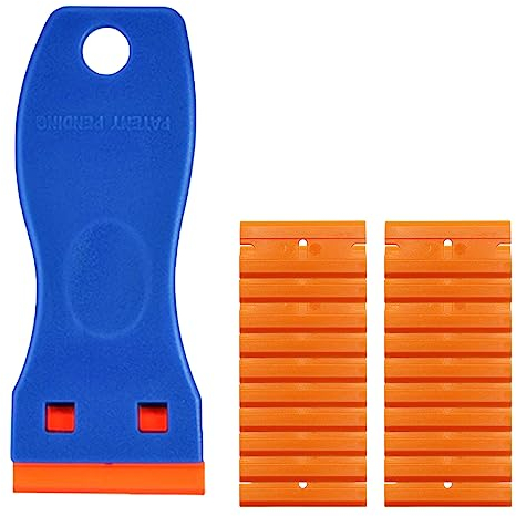 WeddHuis Mini Rascador para la Eliminación de Pegamento de Vinilo, Adhesiva y Película de Ventana, Vidrio, Piso con 20 piezas Cuchillas de Plástico