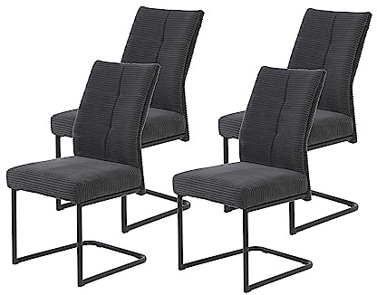 Hela Tische, 4er Set Esszimmerstuhl, Schwingstuhl, XL-Stuhl Dagmar, Cordstoff Breitcord Anthrazit, Metallgestell Schwarz, Federkorb, Griff, 140kg belastbar