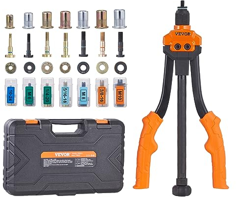 VEVOR Remachadora Manual de Tuerca de Remache Alicates de Inserción Roscada de 35cm con 7 Mandriles 70 Tuercas de 7 Tamaños Herramienta de Remachado con Estuche Portátil para Construcción de Bricolaje