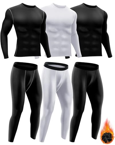 Didaey 3 Set Winter Thermal Underwear for Men Cold Weather Fleece Lined Top Bottom for Hunting Gear Sport(Black, Black Grey, White, Medium)