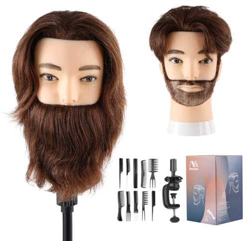 Uomo Testa di manichino 100% veri capelli umani Testa per parrucchieri Uomini Testa di manichino con morsetto +Set di pettini (19 pollici)