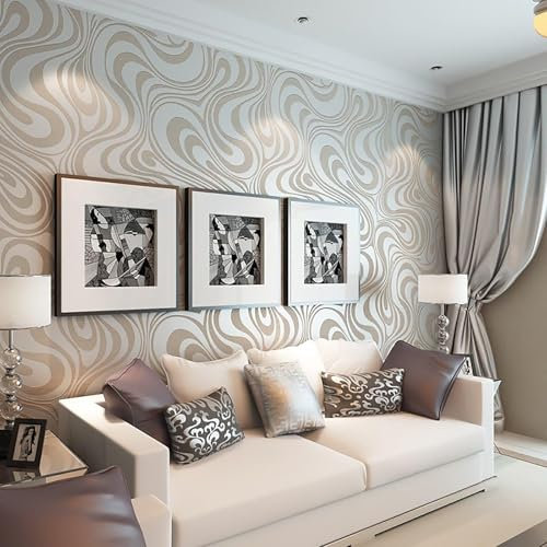 Baketron Modern Taupe and Cream Geometric Wallpaper Murals Abstract Stripe Wallpaper Galaxy Glitter Textured Wall Paper Roll for Living Room Bedroom Adults Teenager Feature Wall