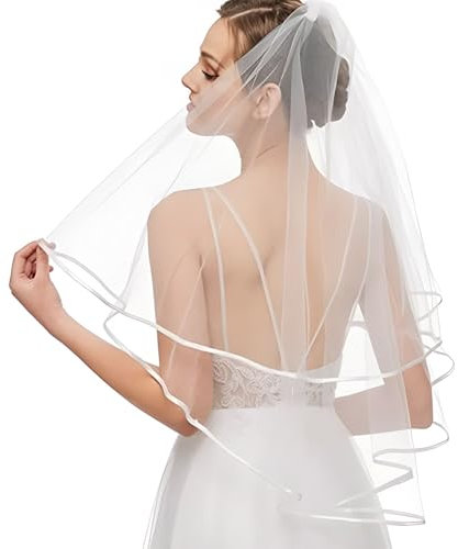 LFWZRY Brautschleier Weiß, Schleier kurz Bridal Tüll mit Kamm, Softtüll Schleier Ribbon Edge Brautschleier für JGA, Halloween, Bräute, Dusche, Junggesellinnenabschied, Hochzeit, Hen Party