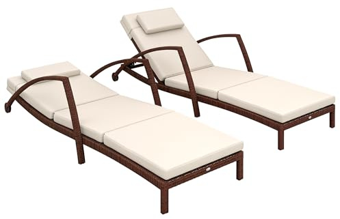 Outsunny Wicker Chaise Lounge Chair Outdoor Set of 2, 5-Position Adjustable Reclining Pool Lounge Chairs with Wheels, Rattan Outdoor Lounger with Cushion, Armrests for Poolside Beach Backyard, Beige