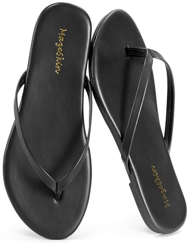 mazeskin Women's Memory Foam Comfortable Flat Thong Sandals Dressy Summer Beach Leather Slide Flip Flops,Black US8