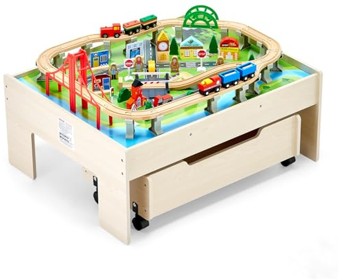 VEVOR Tavolo Ferroviario con Treni Binari Giocattolo, 100 PZ Multicolore in Legno, Set Trenini in Legno con Cassetto Portaoggetti con Ruote per Giocare, Disegnare, Set Giocattoli Creativi per Bambini