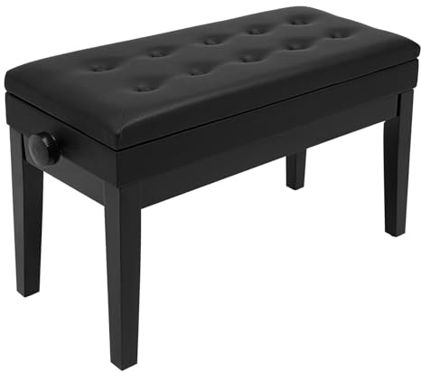 RjcdOPL Banc de Piano en Bois Massif, Hauteur Réglable 46 à 56 cm, Tabouret de Piano Double avec Compartiment de Rangement, Siège en Mousse Résiliente et Cuir PU, Charge 160 kg, Noir