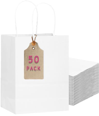 Gcardist 50 stycken vita medelstora presentpåsar av papper med handtag – 26,9 x 21,1 x 10,9 cm – påsar för festpresentpåsar för olika användningsområden