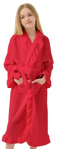 JiAmy Bata de baño de franela con volantes para niños, bata cálida de forro polar suave con cinturón y bolsillos, rosso, 13-14 años