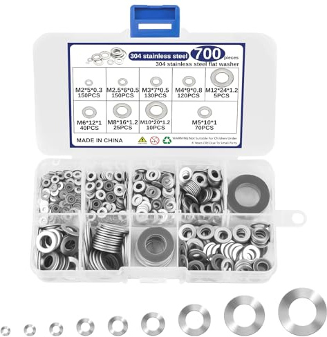 Unterlegscheiben Set 700 Stück, Edelstahl Flache Unterlegscheiben, 9 Größen Beilagscheiben Set M2 M2,5 M3 M4 M5 M6 M8 M10 M12, Karosseriescheiben zur Reparatur
