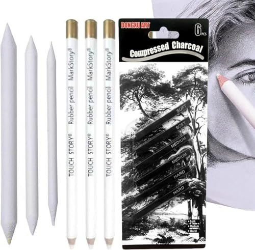 Crayon Blanc Dessin, Crayon de Charbon Blanc, Fusain, 3PCS Esquisse Fusain avec 3 Estompeur Croquis Gomme pour Sketch Dessin Artistes Étudiants