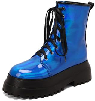 Genérico Mujer Cordones Botas De Combate Punta Redonda Charol Botas De Tobillo Tacón Grueso Plataforma Botines Cortos,Azul,41 EU