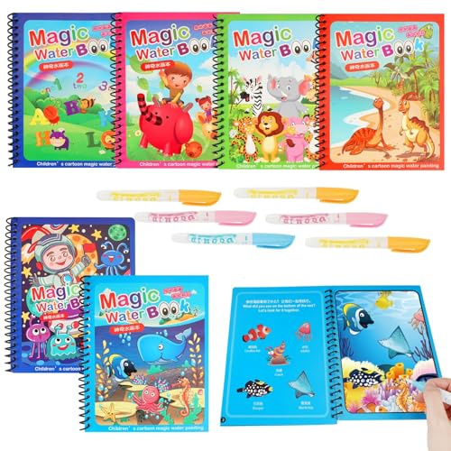 6 Pieces Magic Water Colouring Book,Reusable Water Painting Books for Kids | Marine Life Dinosaurs Space Animals Alphabet Childhood Magic Water Book with Water Pens for Travel,Home and Educational Play