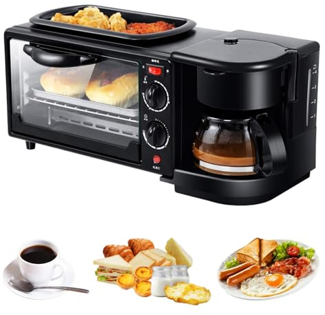 Stazione per la Colazione 3 In 1, Macchina per la Colazione Elettrica Multifunzione da 800 W con Capacità del Forno di 7 Litri, Macchina per Il Caffè da 0,6 Litri, Temporizzazione di 60 Minuti